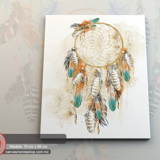 Atrapasueños con plumas en tonos tierra y salpicaduras de acuarela