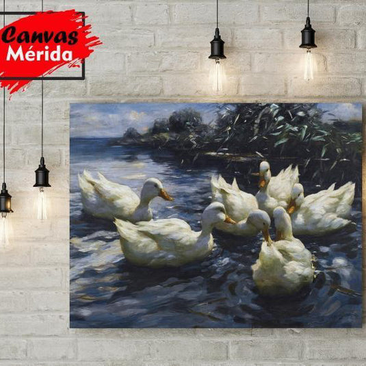 Pintura de patos blancos en el estanque al atardecer