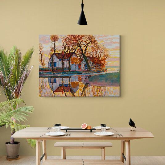 Cuadro_decorativo_casa_campo_atardecer_sol_después_de_lluvia_reflejo_en_charcos_árboles_altos