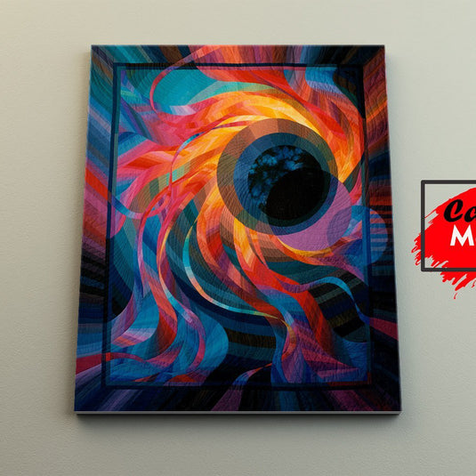 Cuadro abstracto eclipse cósmico con colores vibrantes en espiral – arte decorativo moderno para sala o estudio