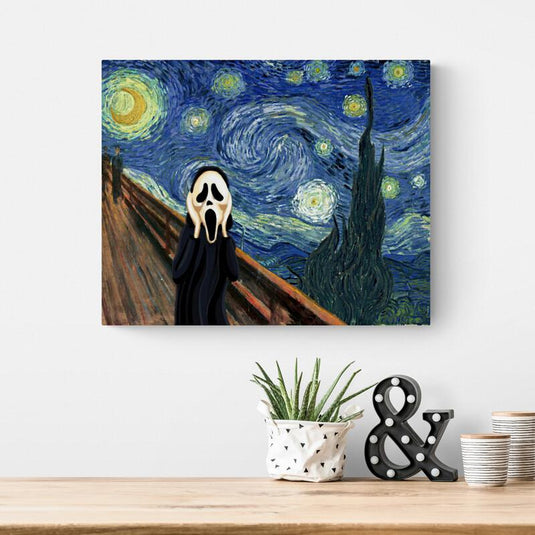 Cuadro fusión de El Grito y La Noche Estrellada con personaje de Scream sobre fondo de Van Gogh.