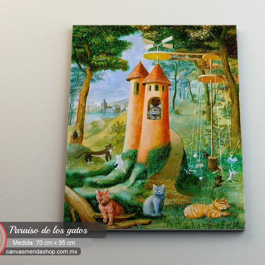Cuadro de gatos en un paraíso de bosque encantado