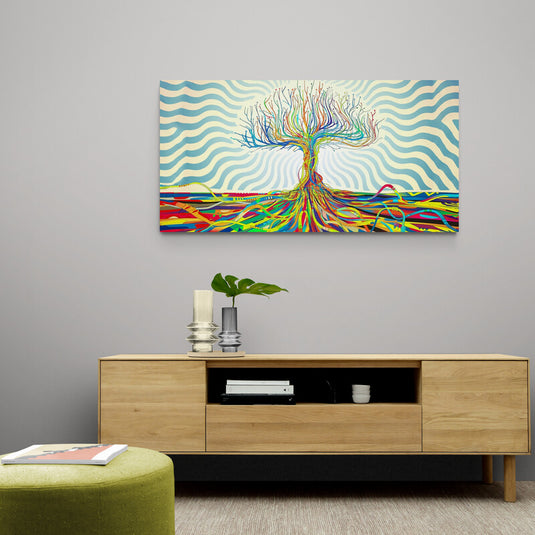 Árbol psicodélico sobre fondo blanco y turquesa con raíces multicolores rojo, verde, amarillo, negro, rosa, morado y azul