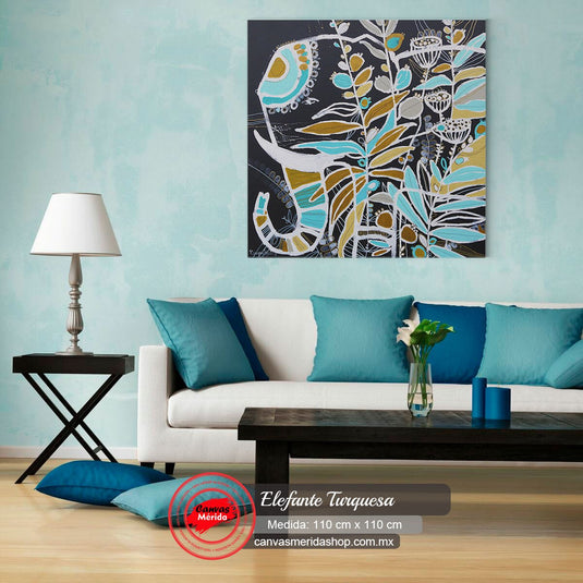 Pintura de elefante turquesa en estilo abstracto.