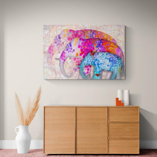 Pintura de elefantes decorados con flores coloridas y mariposas