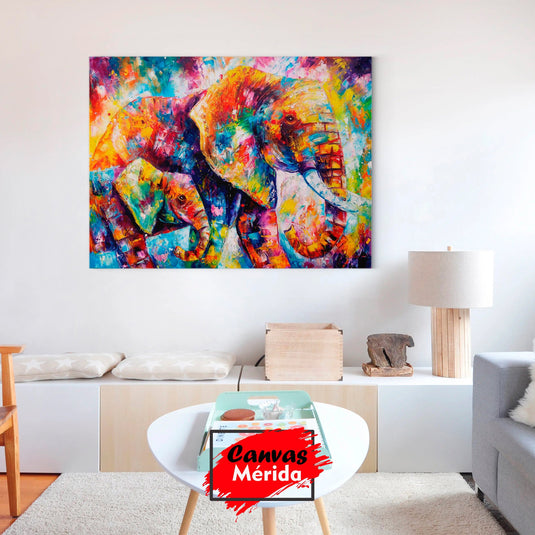 Cuadro expresionista de elefantes en colores vibrantes