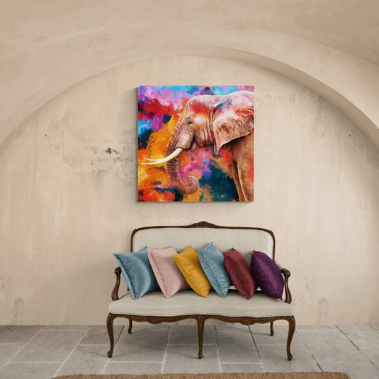 Arte colorido de elefante con fondo abstracto vibrante.