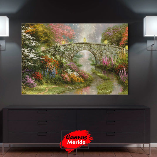 "Cuadro_decorativo_puente_sobre_lago_con_explosión_de_flores_multicolores