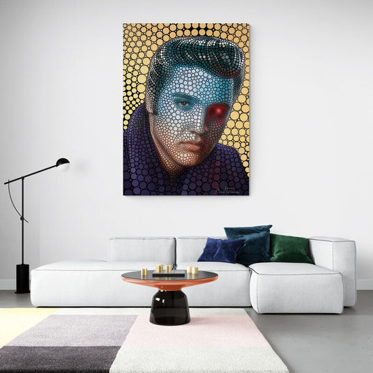 Cuadro moderno de Elvis Presley estilo pop-art con círculos de colores vibrantes.