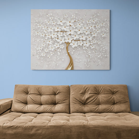 Cuadro decorativo de árbol dorado con ramas en forma de flores blancas sobre fondo gris