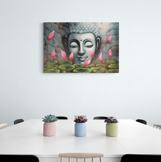Pintura de Buda en meditación con flores de loto rosas y hojas verdes