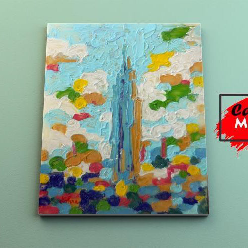 Cuadro abstracto del Empire State Building estilo impresionista con colores vibrantes