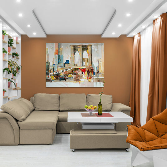 Pintura del puente icónico con tráfico y colores cálidos en un entorno urbano.