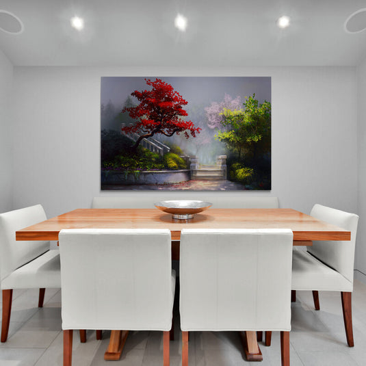 Cuadro Decorativo de Entrada de Casona Envolta en Neblina con Árboles en Tonos de Rojo, Rosa y Verde