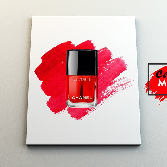 Cuadro decorativo Chanel Le Vernis – arte moderno con esmalte rojo sobre fondo artístico para tocador o salón de belleza
