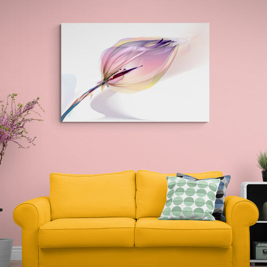 Cuadro decorativo blanco: tulipán translúcido en tonos rosa, morado y verde con efecto cristalino.
