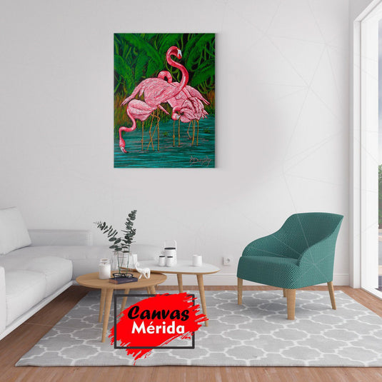 Cuadro de flamencos rosados en un entorno tropical