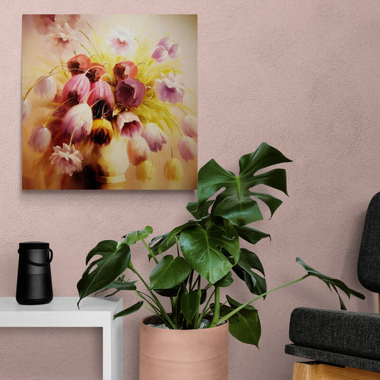 Pintura de un arreglo floral con tulipanes en tonos de rosado y púrpura sobre fondo cálido