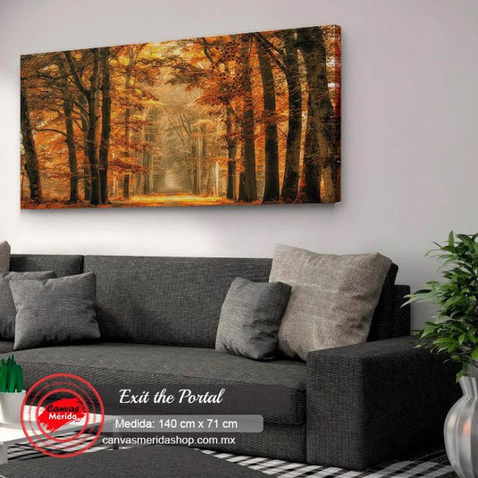 Cuadro decorativo de bosque otoñal con colores naranja, amarillo y café