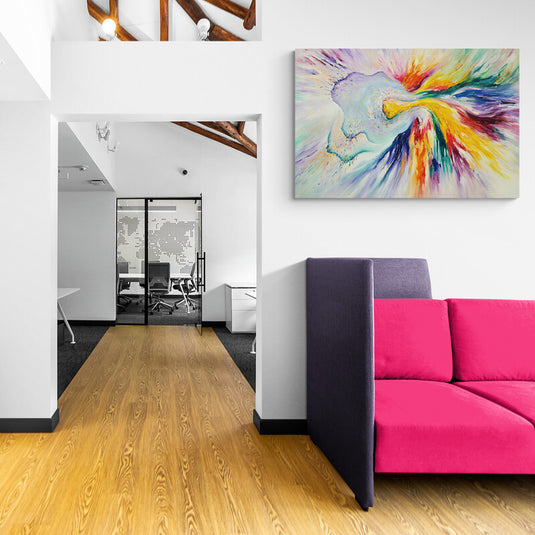 Cuadro decorativo con explosión de colores en tonos azul, naranja, amarillo, rojo, morado, rojo vino y verde.