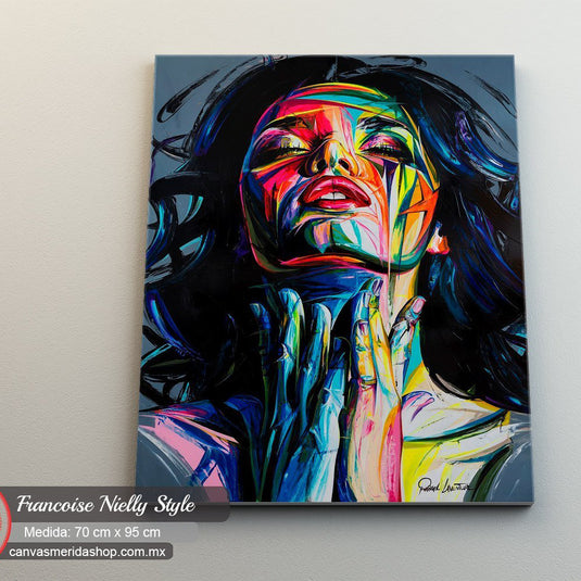 Retrato expresivo al óleo en estilo contemporáneo con colores neón y trazos dinámicos para arte moderno