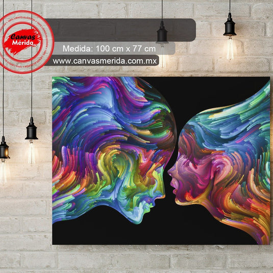 Cuadro artístico de rostros abstractos multicolor frente a frente, estilo moderno y vibrante.