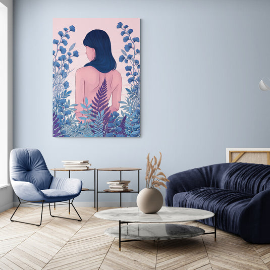 Ilustración de una mujer con plantas en tonos pastel