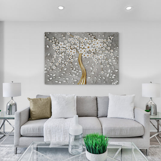 Cuadro_decorativo_fondo_gris_árbol_tronco_amarillo_dorado_hojas_flores_blancas_pétalos_dispersos