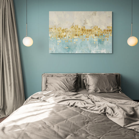 Cuadro Decorativo Abstracto con Fondo Bicolor Turquesa y Crema y Hojas Amarillo Dorado Centrales