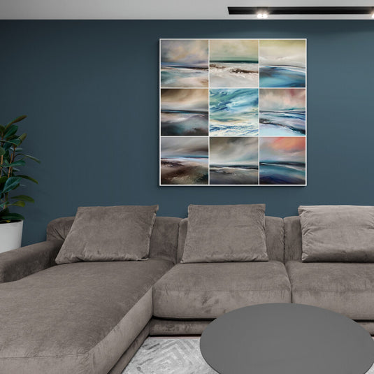 "Cuadro decorativo abstracto de paisajes marinos y playas modernas en tonos azul, turquesa y beige – Arte en lienzo para sala elegante"