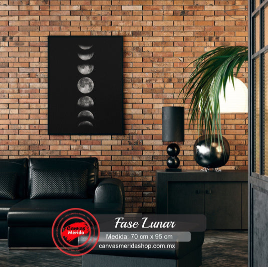 Cuadro decorativo de fases lunares en línea vertical con luna llena en el centro sobre fondo negro