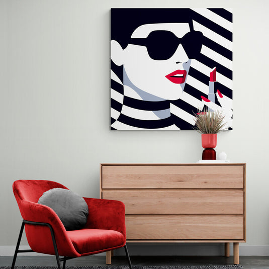 Cuadro decorativo moderno de mujer con gafas y labial rojo arte pop minimalista en blanco, negro y rojo para decoración elegante