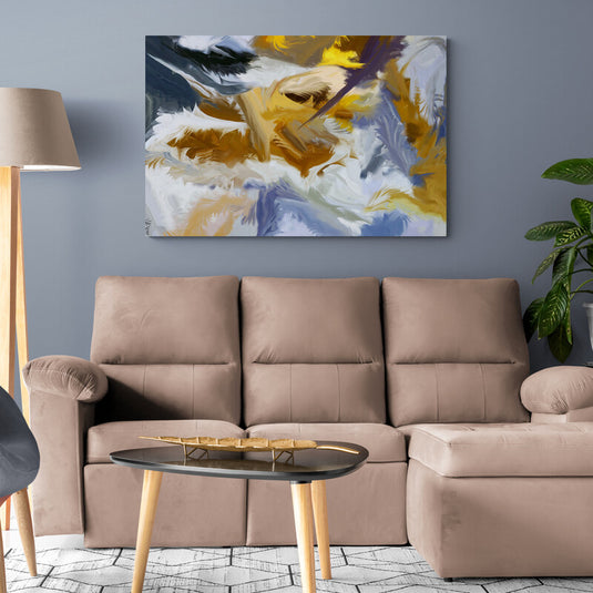 Cuadro abstracto con pinceladas dinámicas en tonos dorados, blancos y azules, inspirado en movimiento y ligereza.