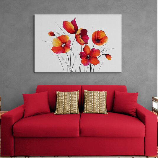 Pintura de amapolas rojas y naranjas sobre fondo blanco