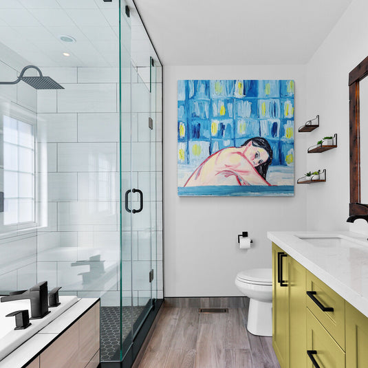 Arte contemporáneo expresionista con figura femenina y tonos azules para decoración moderna y relajante