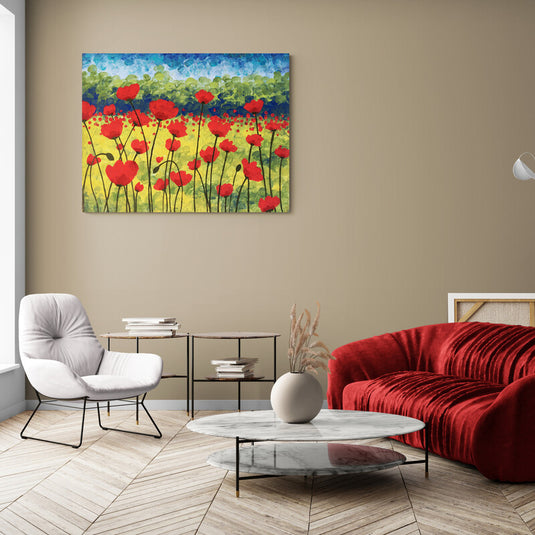 Pintura de campo de amapolas rojas con fondo de cielo azul y verde