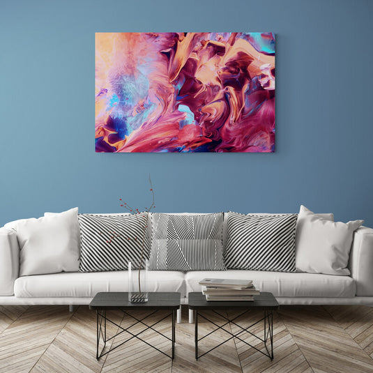 Cuadro abstracto moderno con técnica de pouring en tonos cálidos y fríos