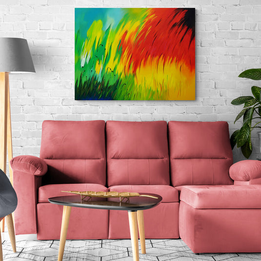 Cuadro abstracto con colores vibrantes en rojo, amarillo, verde y azul, con pinceladas dinámicas