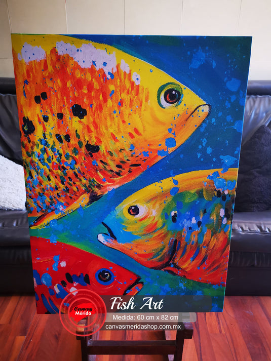 Pintura colorida de dos peces tropicales con patrones vibrantes