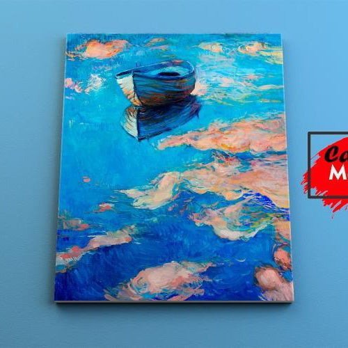 Pintura de un barco en aguas azules con reflejos rosados del cielo