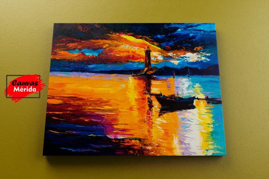 Pintura expresionista de faro al atardecer con cielo ardiente y veleros