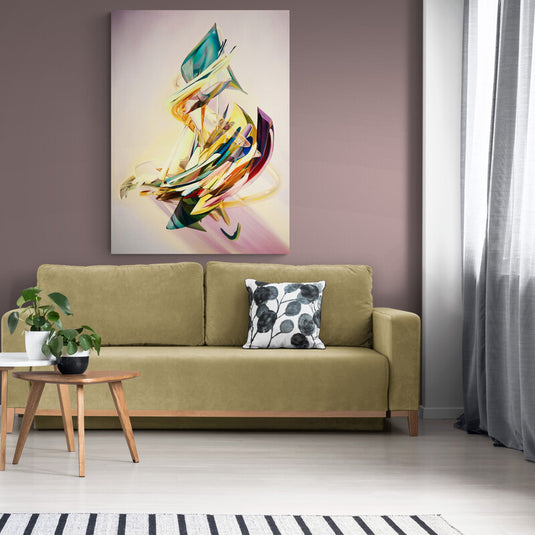 Cuadro decorativo abstracto moderno con formas dinámicas y colores vibrantes en sala minimalista