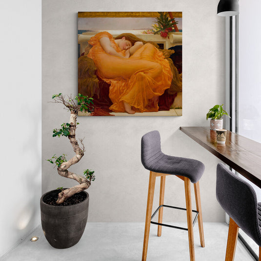 Pintura de joven dormida en vestido naranja sobre balaustrada de mármol