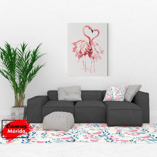 Pareja de flamencos formando un corazón con sus cuellos en una pintura acuarela de tonos rojos y rosas