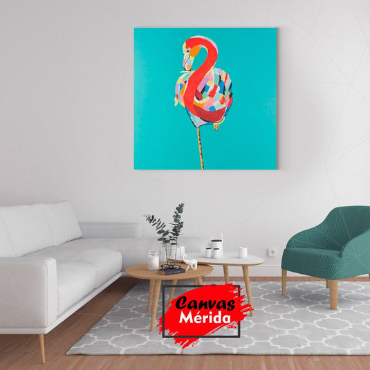 Flamenco abstracto en tonos rojos, naranjas y verdes sobre fondo turquesa-azul claro