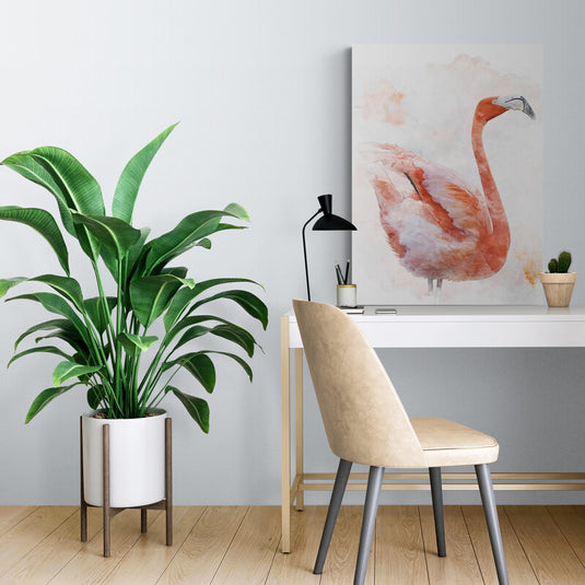 Flamenco rosa salmón y blanco sobre fondo claro con manchas en tonos rosa salmón