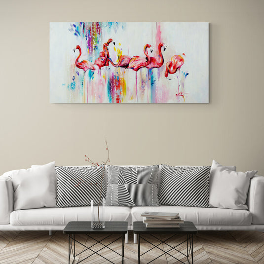 Cuadro decorativo: Flamencos en fusión de colores sobre fondo blanco