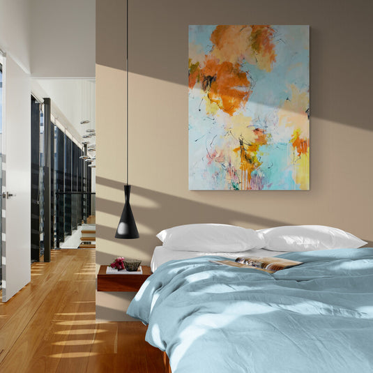 Cuadro abstracto moderno en tonos pastel de celeste, amarillo y naranja