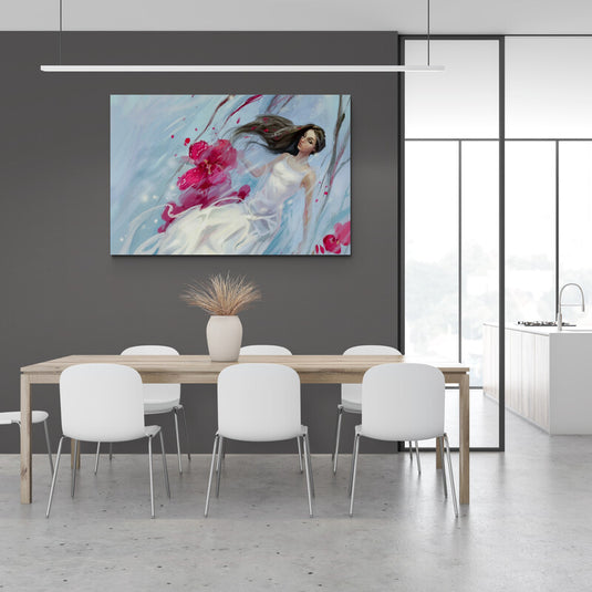 Arte contemporáneo con figura femenina flotando entre flores y agua, ideal para espacios modernos y elegantes