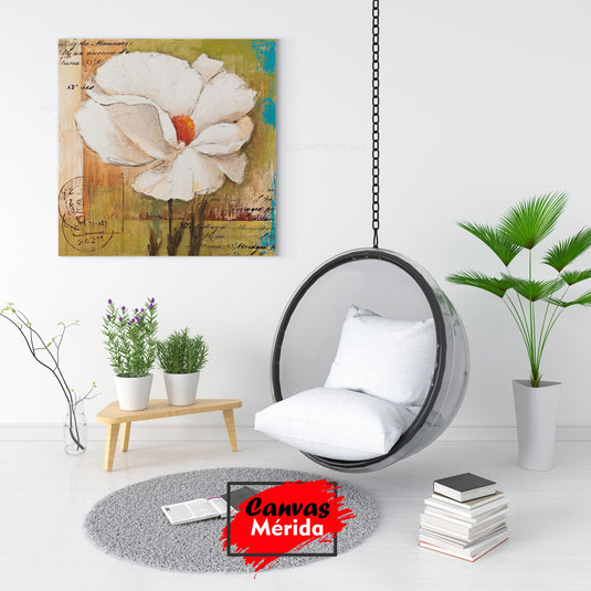 Pintura de una flor blanca sobre un fondo colorido y textual